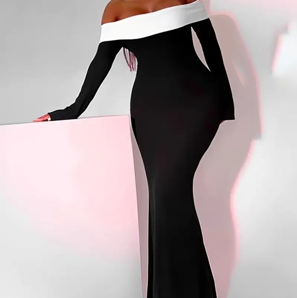 Chic Off-Shoulder Black and White Long Sleeve Dress